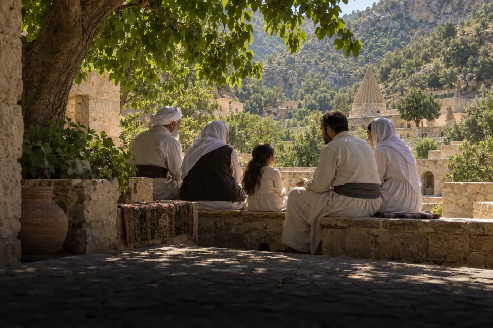 A Yazidi family of three generations in white clothing and headscarves seated together in the shade of mulberry trees in the Lalish valley, elders in conversation, quiet midday light