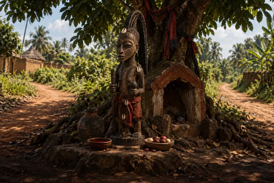 Illustration · AI-generated Èṣù as a carved Yoruba wooden figure with a long braid and cowrie shells, set at a laterite crossroads shrine with palm oil and kola offerings, as Yoruba sculpture, noon sun