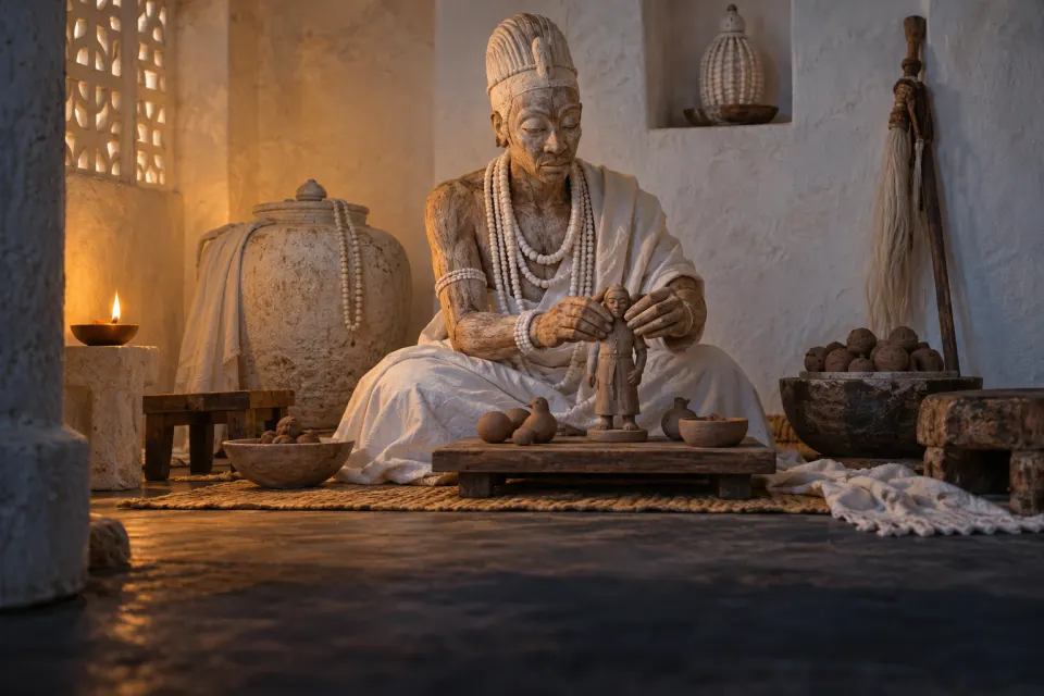 Ọbàtálá as a Yoruba carved wooden figure in white cloth and white beads, seated, shaping small clay human bodies, a white shrine room, as Yoruba sculpture, soft lamp-lit interior