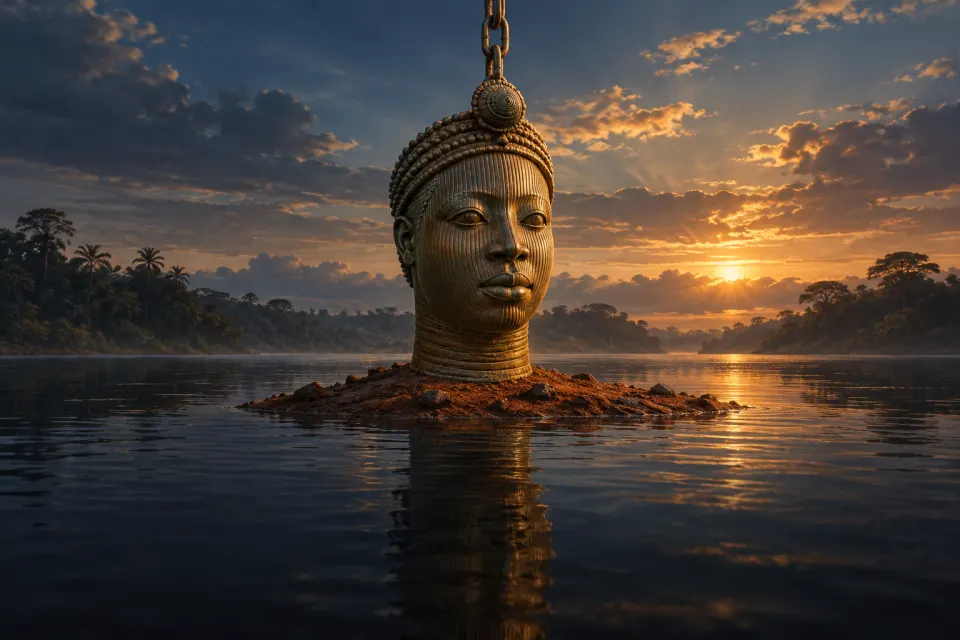 Odùduwà as a 14th-century Ifẹ̀ copper-alloy head with a beaded crown and scarification lines, a chain lowered from the sky onto primeval water and a first patch of earth, as an Ifẹ̀ bronze
