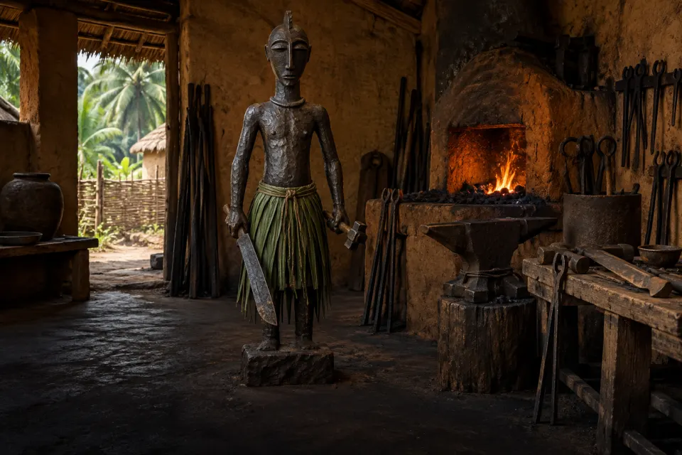 Ògún as a Yoruba wrought-iron figure with machete, hammer and palm-frond skirt, set in a blacksmith's forge with anvil and iron tools, as Yoruba ironwork, firelight