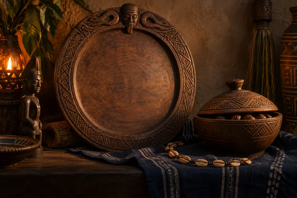 Ọ̀rúnmìlà as a carved Yoruba wooden Ifá divination tray with a face on its rim, sixteen palm nuts and an ọpẹ̀lẹ̀ chain, as Yoruba sculpture, warm shrine light