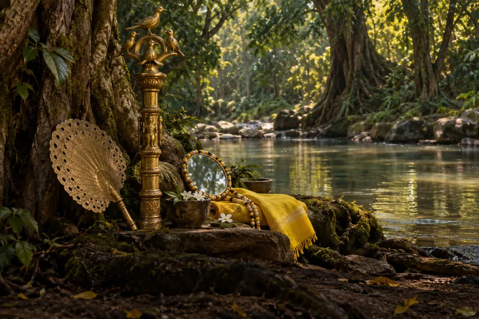 Ọ̀ṣun as a Yoruba brass staff crowned with birds above the Ọ̀ṣun River, in the Òṣogbo sacred grove, with a brass fan, beaded mirror and yellow cloth, as Yoruba sculpture, dappled green light