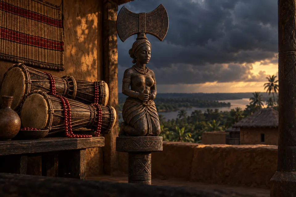 Ṣàngó as a carved Yoruba wooden dance staff, a kneeling woman bearing a double-headed axe on her head, beside bàtá drums and red beads, as Yoruba sculpture, storm-lit sky