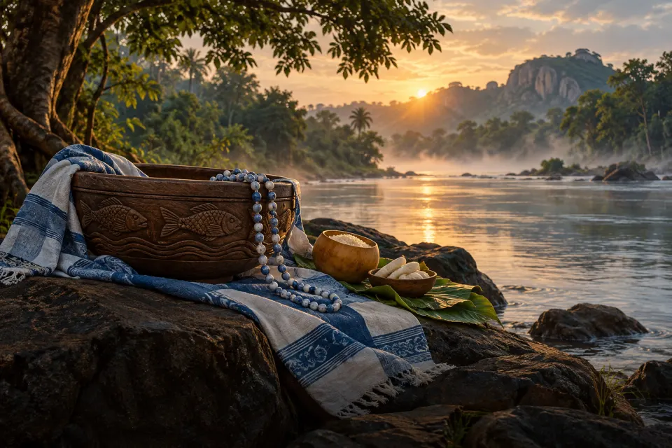 Yemọja as a carved Yoruba wooden mother figure with fish motifs and blue-white beads, standing at the Ògùn River near Abẹ́òkúta, calabash offerings on the bank, as Yoruba sculpture, soft dawn