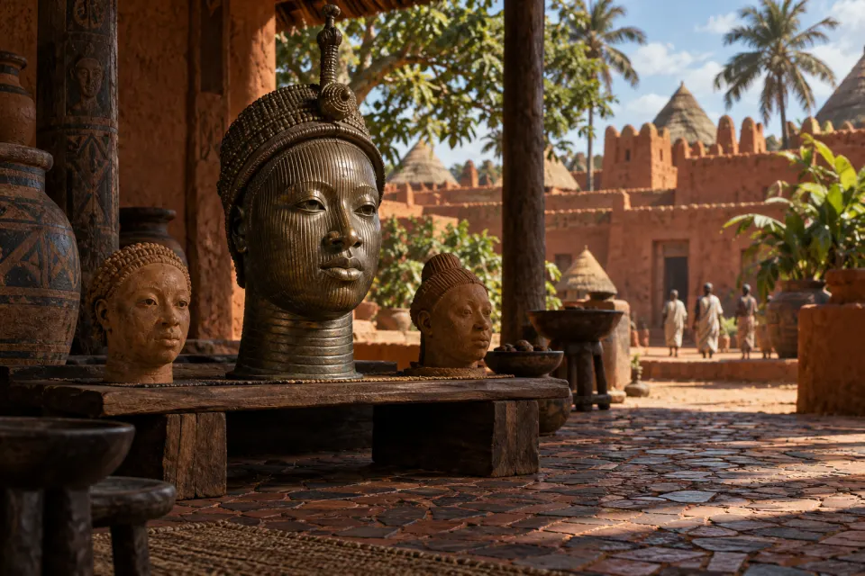 Ifẹ̀ c. 1300: a naturalistic copper-alloy royal head in a beaded crown on a shrine bench, terracotta heads and potsherd pavement within a walled red-earth city, as an Ifẹ̀ bronze, hard noon sun