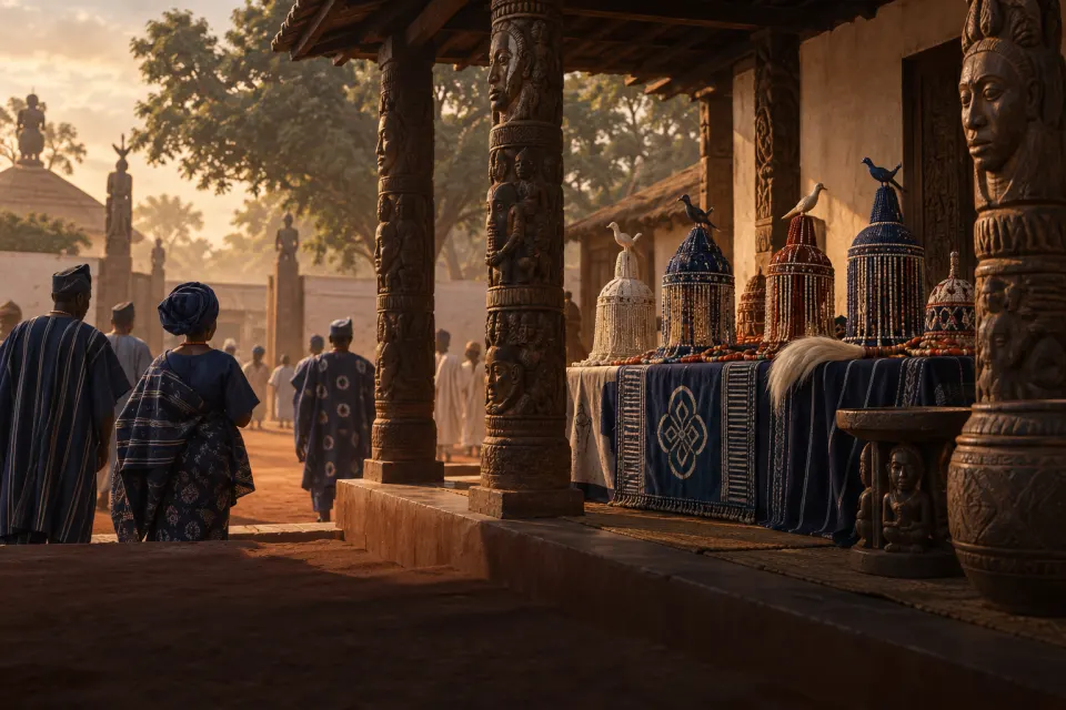 The Ọọ̀ni's palace in Ilé-Ifẹ̀, Nigeria: a red-earth forecourt with carved wooden veranda posts, beaded crowns on a table, a few townspeople in indigo seen from behind, harmattan haze