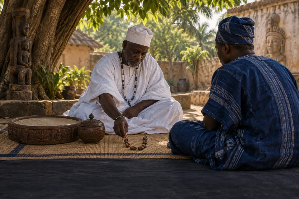A babaláwo in white cloth at Ilé-Ifẹ̀ casting an ọpẹ̀lẹ̀ chain on a mat, a carved Ifá tray and sixteen palm nuts beside him, a client in indigo seated opposite, shaded morning light