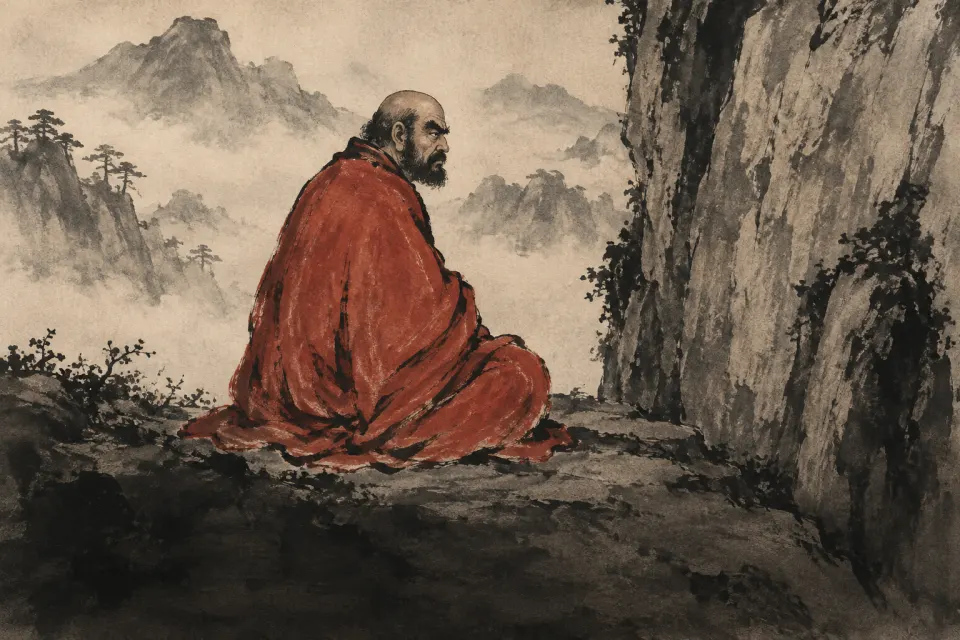 Illustration · AI-generated Bodhidharma, a bearded, glaring monk in a red robe seated facing a rock wall, as a Muromachi-period Japanese Zen ink painting with sparse red wash