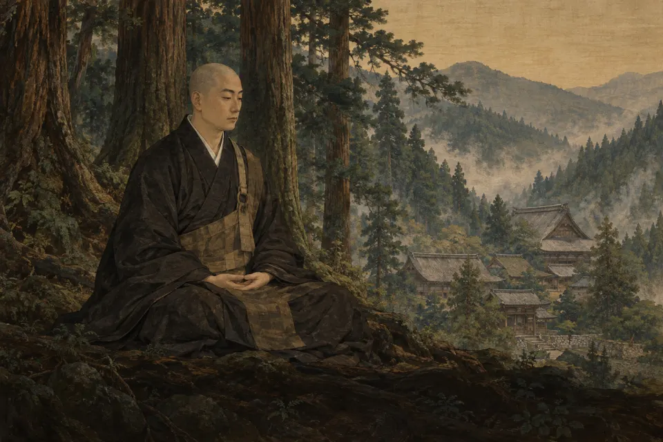 Illustration · AI-generated Dōgen, a young Japanese Sōtō monk in a black robe among tall cedars, as a Kamakura-period hanging scroll portrait with the roofs of Eihei-ji below