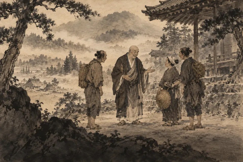 Illustration · AI-generated Hakuin, a stout monk in a worn robe speaking with peasant villagers outside a small temple at Hara, as an 18th-century Japanese Zen ink-wash painting