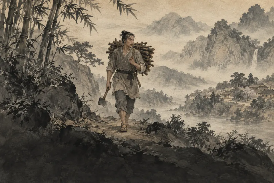 Huineng as a young woodcutter carrying a bundle of firewood and an axe, as a Southern Song Chan ink painting in sparse wash and mist