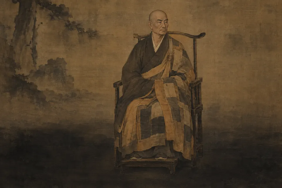 Illustration · AI-generated Linji Yixuan, a Tang Chan master in a monk's robe seated in a high-backed chair, as a Song-dynasty Chan portrait hanging scroll, stern expression, plain ground