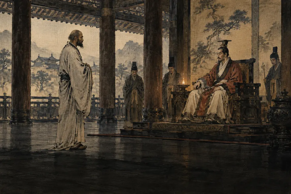 A plain-robed Indian monk facing Emperor Wu of Liang on his throne in a palace hall, 6th-century China, in the manner of a Zen ink painting, lamp-lit