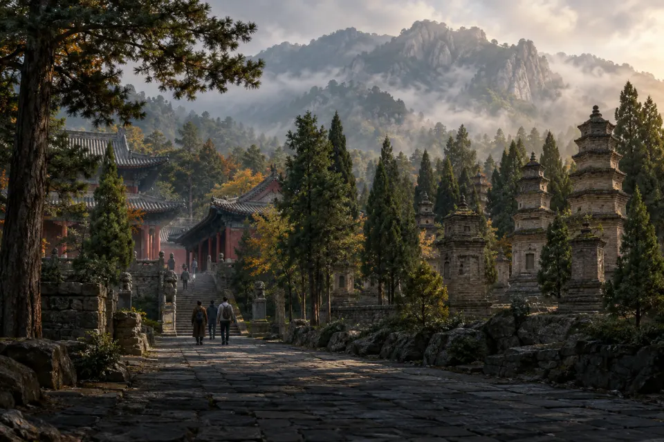 The tiled halls and pagoda forest of Shaolin Monastery at the foot of Mount Song, Henan, grey mist on the ridge above, a few visitors small on the courtyard