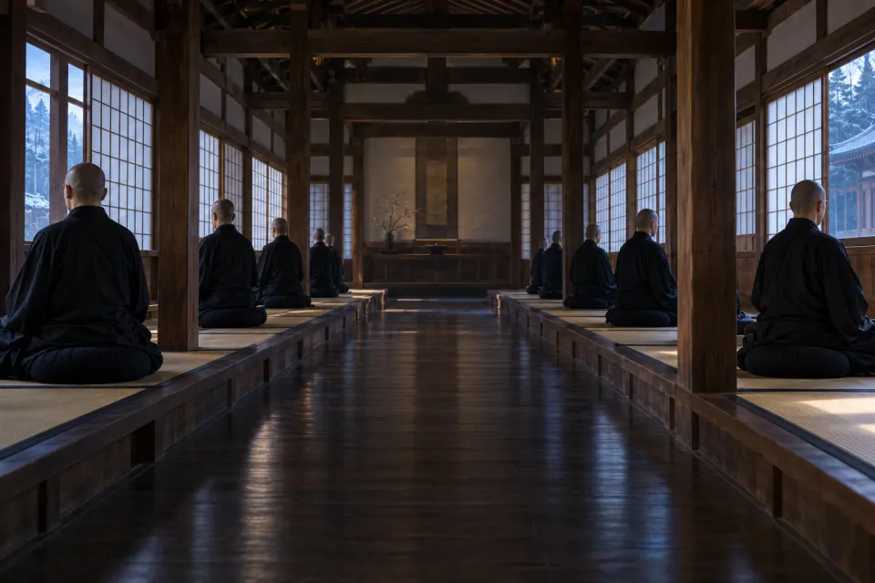 Sōtō monks in black robes seated in zazen in rows facing the wall in the zendō of Eihei-ji, Fukui, present day, cold dawn light through paper windows