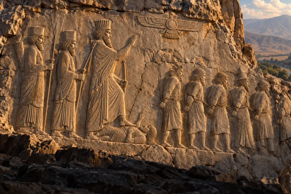 Darius I as the Behistun relief: the Achaemenid king with bow, a foot on a prone rebel, roped captives before him, a winged emblem above, carved on a limestone cliff in raking late-morning sun