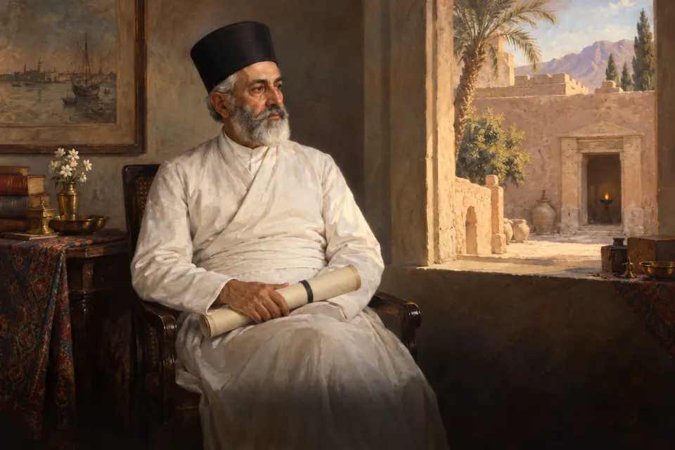 Illustration · AI-generated Manekji Limji Hataria as a 19th-century Bombay oil portrait, a Parsi gentleman in white jama and dark pheta hat seated with a survey roll, a Yazd fire temple through the window