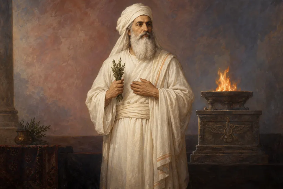 Zarathustra as a Parsi devotional portrait of the early 20th century, white-robed and white-bearded, holding a sprig of barsom, a fire altar behind him, plain painted background