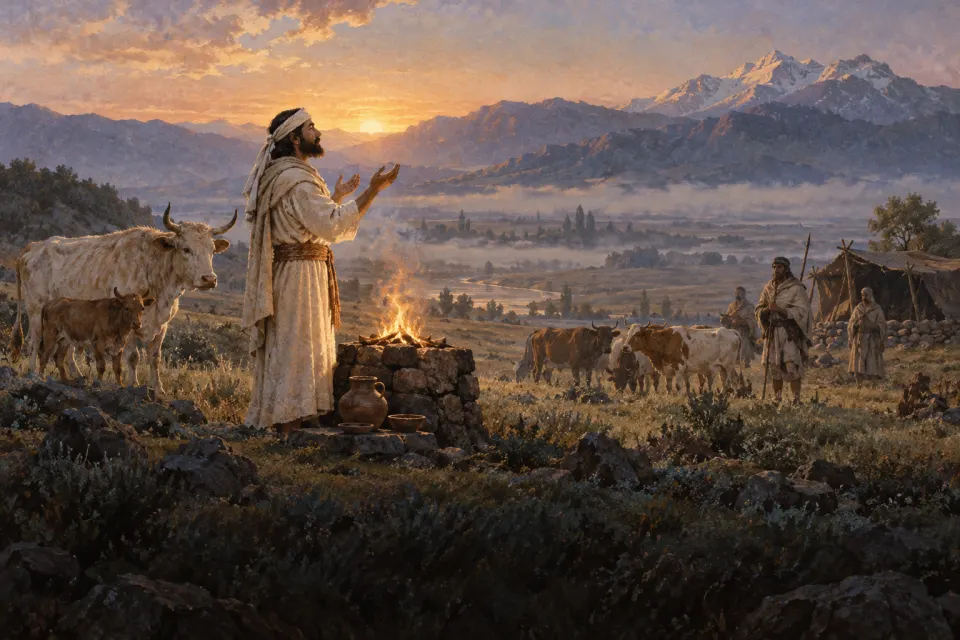 Bronze Age Iranian herders at dawn on a misty plain, a priest chanting hymns before a small open fire, cattle behind him, as a Parsi lithograph-style painting, soft light