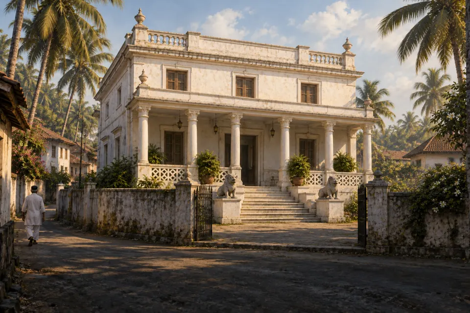 The Iranshah Atash Behram at Udvada, Gujarat: a whitewashed two-storey Parsi temple with a winged Faravahar relief over the entrance, palms, coastal village lane, humid sea-haze morning