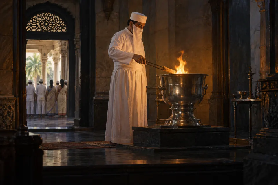 A Zoroastrian priest in white robes and a cloth mask feeding sandalwood to the fire in a silver urn in a Parsi fire temple in Mumbai, worshippers in white caps and saris behind, amber firelight