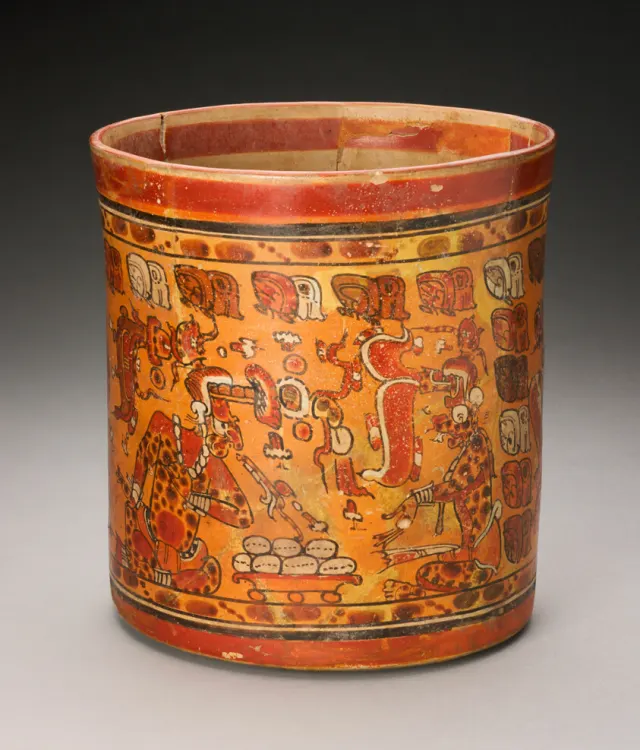 Vessel Depicting K'awiil (God K) and Itzamna Exchanging Gifts