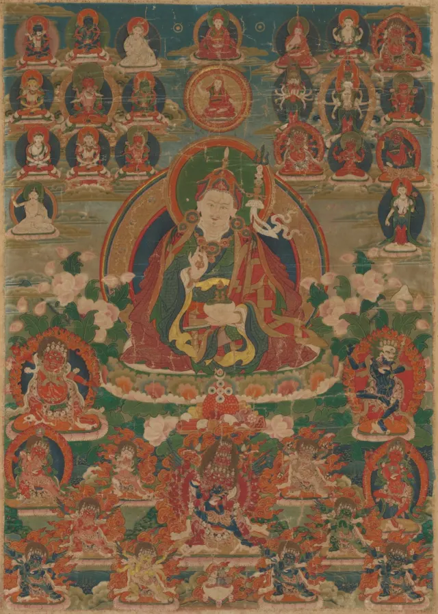Guru Rinpoche (Padmasambhava) in Multiple Forms, with Peaceful and Wrathful Meditational Deities and Protectors