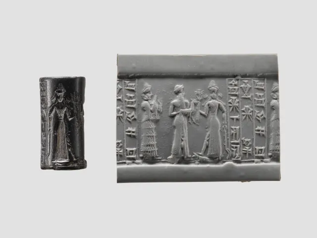 Cylinder seal and modern impression: suppliant goddess and offering bearer approaching Ishtar, three columns of inscription