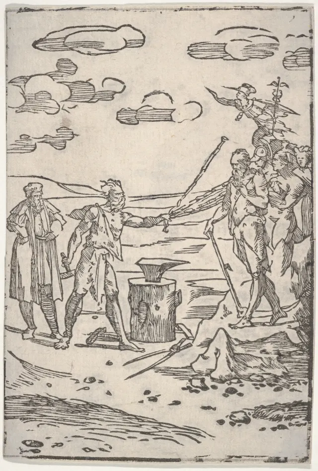 The forger standing by an anvil pulling a man in chains, from "The various operations of alchemy"