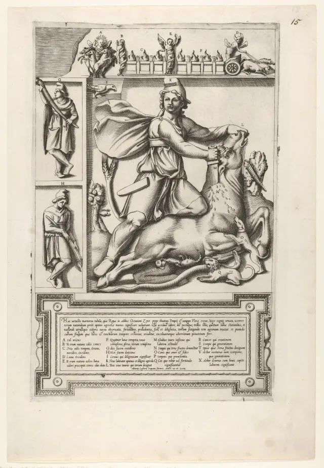 Relief with Mithras kneeling upon a bull and driving a sword into its shoulder, at left two smaller standing figures, one holding a sheathed sword and one holding a sword, a frieze with chariots and serpents coiled around figures above