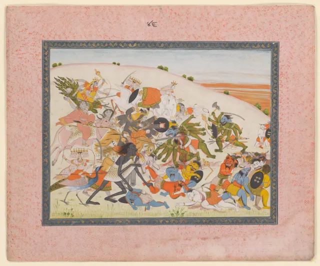 Devi vanquishes the demon Nisumbha and his armies; folio from a Devi Mahatmya series.